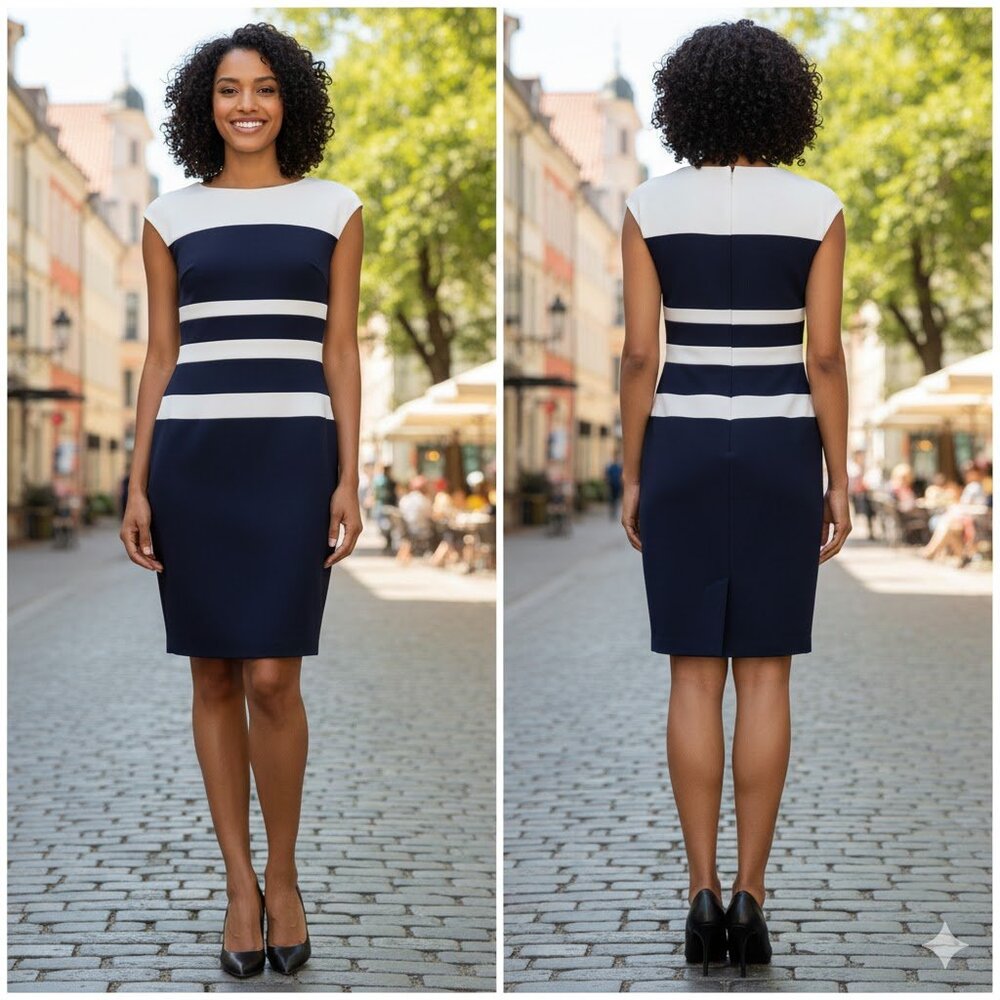 Ralph Lauren Navy White Stripe Knee-Length Sleeveless Classic Sheath Dress Sz 10